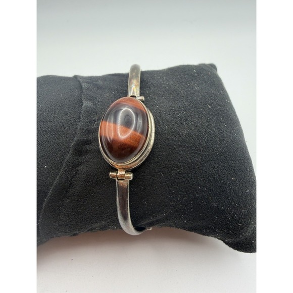 Vintage Sterling Silver Tiger's Eye Oval Cabochon Hinged Bangle Chain Bracelet - Picture 4 of 12